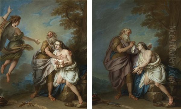 Abraham Preparing To Sacrifice Isaac; Abraham And The Angel (pair) Oil Painting by Charles-Antoine Coypel