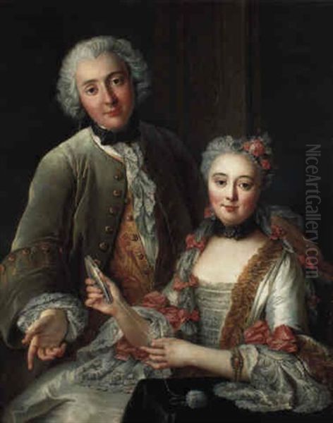 Portrait Of Francois De Jullienne Standing Beside His Wife Oil Painting by Charles-Antoine Coypel