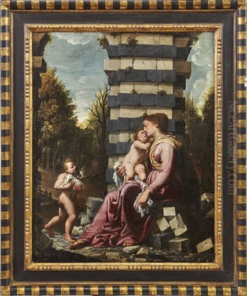 Die Madonna Mit Dem Christusknaben Und Johannes Dem Taufer In Einer Landschaft Vor Einer Saule Oil Painting by Francesco Cozza