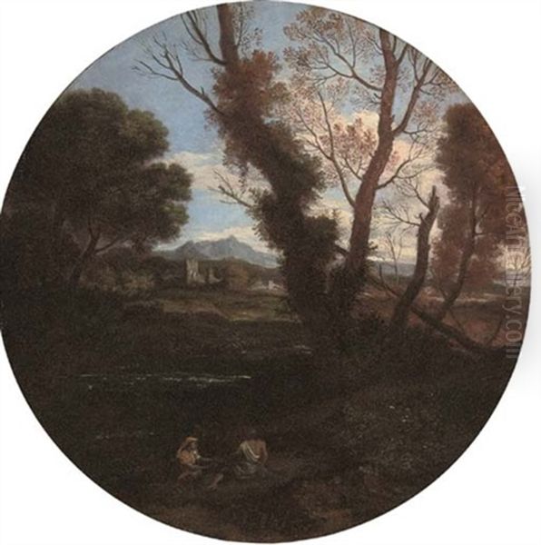 A Wooded Landscape With Figures By A River, A Fortified Town And Mountains Beyond Oil Painting by Francesco Cozza