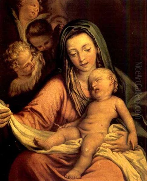 The Madonna And Child With Cherubs Oil Painting by Francesco Cozza