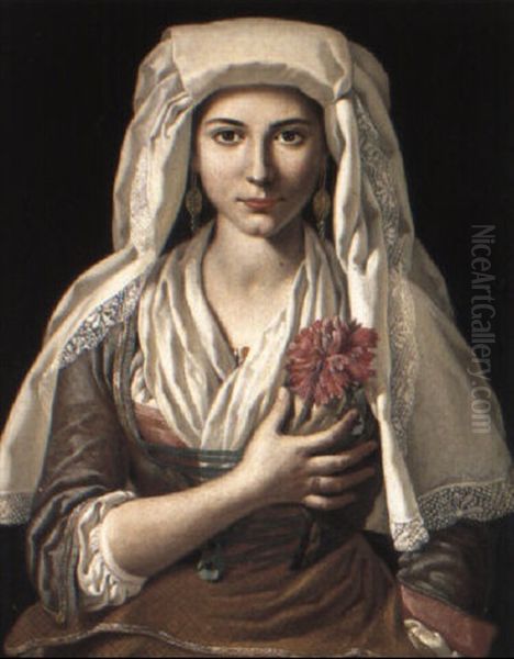 Portrait Of A Young Woman In A White Head-dress, Holding A Carnation Oil Painting by Francesco Cozza