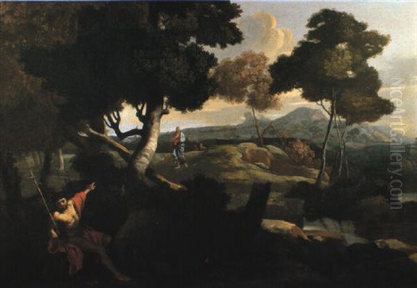 Wooded River Landscape With St. John The Baptist Pointing Out Christ Oil Painting by Francesco Cozza