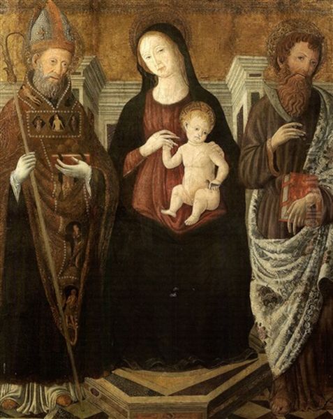 La Vierge A L'enfant Entre Saint Nicolas Et Saint Barthelemy Oil Painting by Guidoccio di Giovanni Cozzarelli