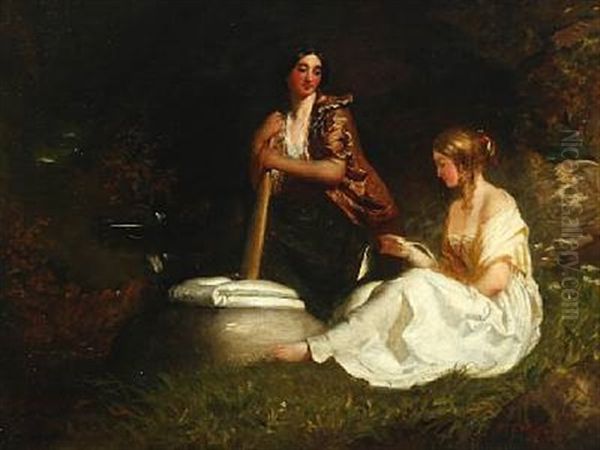 Laundry Scene With Two Young Women By A Stream Oil Painting by William Crabb