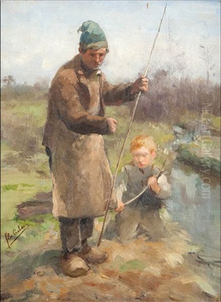 Homme Et Enfant Pechant Pres Du Ruisseau Oil Painting by Florent Nicolas Crabeels