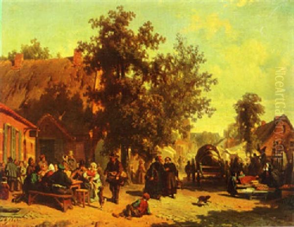 Market Day In A Village Oil Painting by Florent Nicolas Crabeels