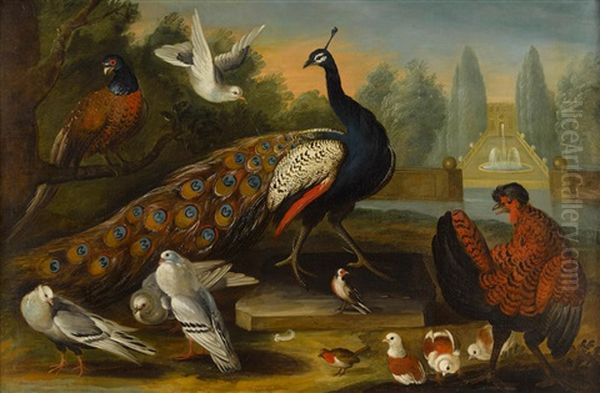 A Peacock, A Pheasant, A Cockerel And Other Birds In An Ornamental Garden Oil Painting by Marmaduke Cradock