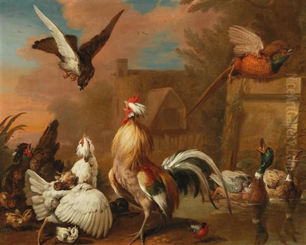 A Hawk Attacking Chickens Oil Painting by Marmaduke Cradock