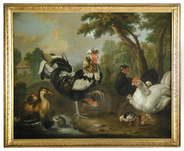 A Peacock And Peahen In A Classical Landscape; And An Appenzeller Spitzhauben Cockerel And Other Fancy Fowl In A Landscape (pair) Oil Painting by Marmaduke Cradock