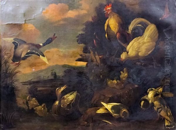 Study Of Ducks, Chickens And Pigeons In Landscape Oil Painting by Marmaduke Cradock