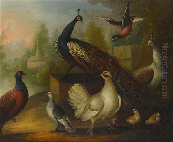 Peacocks, Chickens And Other Birds In A River Landscape Oil Painting by Marmaduke Cradock