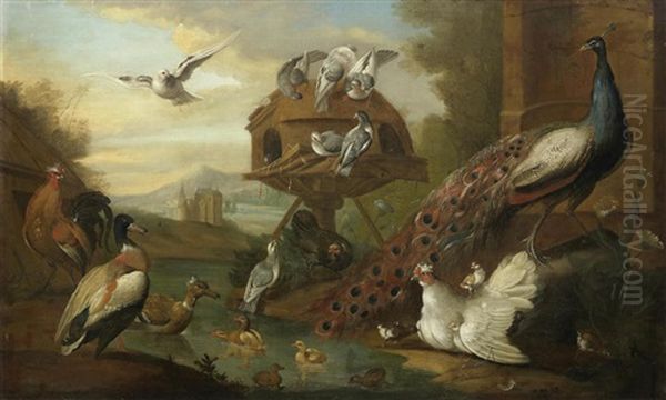 A Peacock, Ducks And Other Birds, Before A Dovehouse In A River Landscape Oil Painting by Marmaduke Cradock