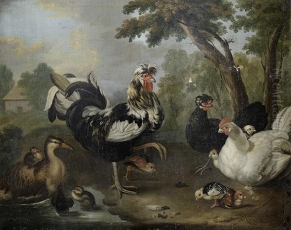 A Peacock And Other Fowl In A Classical Garden; And A Cock, Ducks And Other Fowl In A Landscape (2) Oil Painting by Marmaduke Cradock