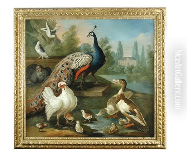 A Peacock And Other Birds Near Water In A Parkland Setting Oil Painting by Marmaduke Cradock