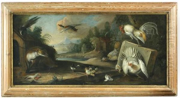 A Magpie Alarmed By A Fox, With Domestic Poultry And An Extensive Landscape Beyond Oil Painting by Marmaduke Cradock