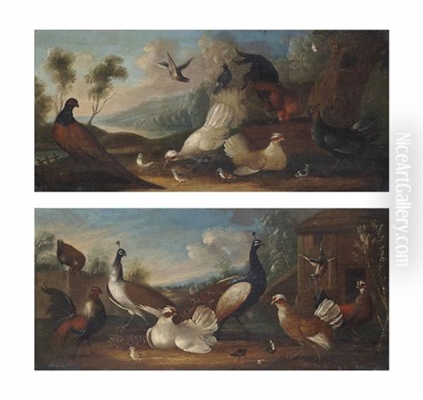 A Cockerel, A Pheasant And Chickens In A Landscape (+ Two Peacocks, Chickens And A Pheasant In A Landscape; Pair) Oil Painting by Marmaduke Cradock