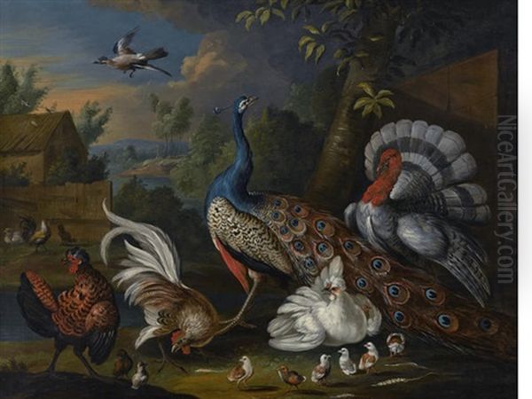 A Peacock, A Turkey, A Rooster And Chickens In A Courtyard Oil Painting by Marmaduke Cradock