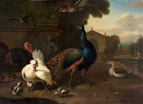 Paon, Dindons Et Poules Dans Le Parc D'un Palais Classique Oil Painting by Marmaduke Cradock