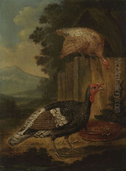 Pendants: Huhnerhof Und Truthahne (2 Works) Oil Painting by Marmaduke Cradock