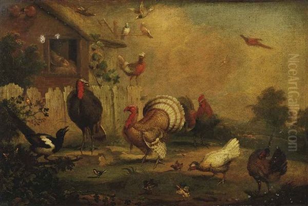 Turkeys, A Cockerel, Hens And Other Fowl And Birds By A Hen-house Oil Painting by Marmaduke Cradock