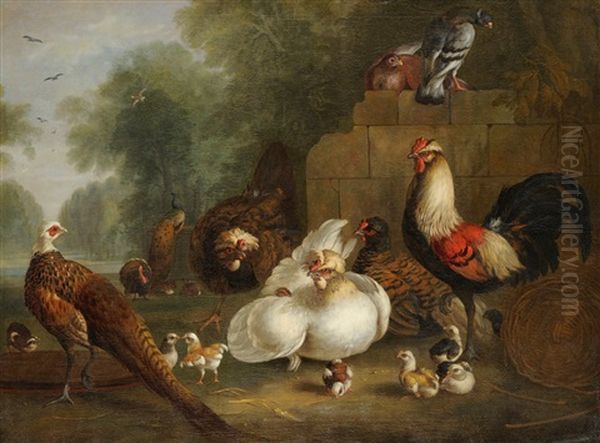 Hens, Chicks, Cockerel And Other Wild Fowl Beside A Ruined Wall Oil Painting by Marmaduke Cradock