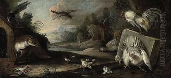 A Fox With Chickens, A Cockerel And Chicks In A Wooded River Landscape, A Farm Beyond Oil Painting by Marmaduke Cradock