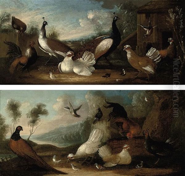 A Cockerel, A Pheasant And Chickens In A Landscape (+ Two Peacocks, Chickens And A Pheasant In A Landscape; Pair) Oil Painting by Marmaduke Cradock