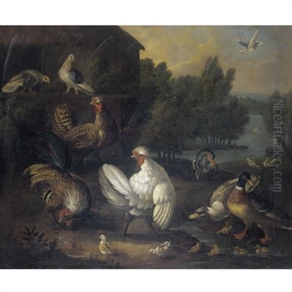 A Farmyard Still Life With Doves, Chickens And Chicks, Ducks And Ducklings, A Cockerel, And A Turkey Oil Painting by Marmaduke Cradock