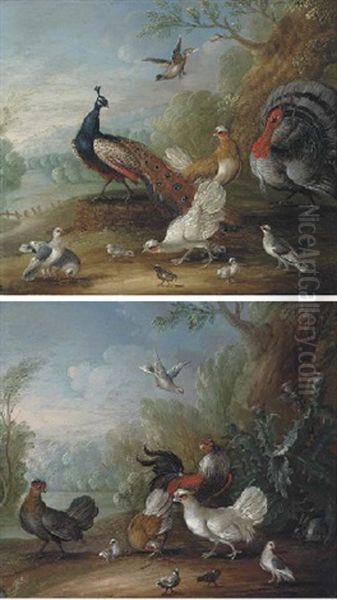 A Peacock, Doves, Chickens And A Turkey In A Landscape (+ Chickens, Doves And Cockerels In A Landscape; Pair) Oil Painting by Marmaduke Cradock