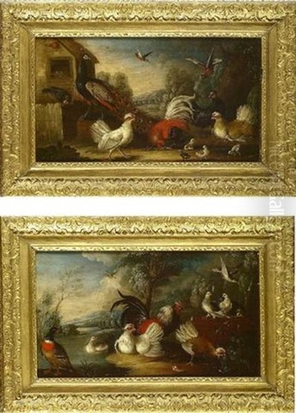 A Peacock, Chickens, A Jay And Other Birds By A Barn Oil Painting by Marmaduke Cradock