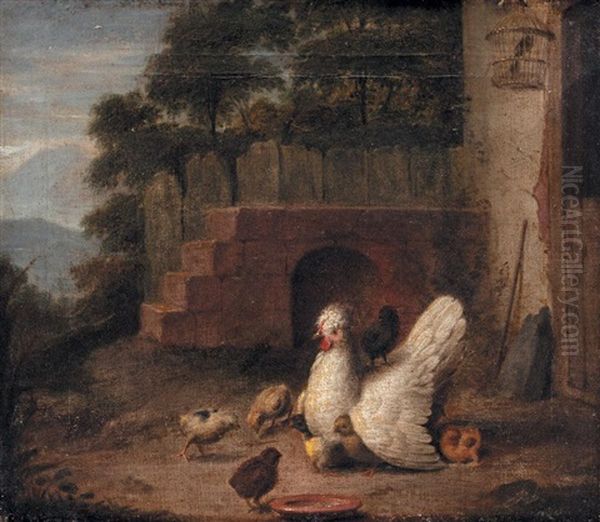 A Silver Houdon Hen With Chicks Oil Painting by Marmaduke Cradock