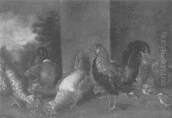 Rooster, Chickens And A Duck With Landscape Beyond Oil Painting by Marmaduke Cradock