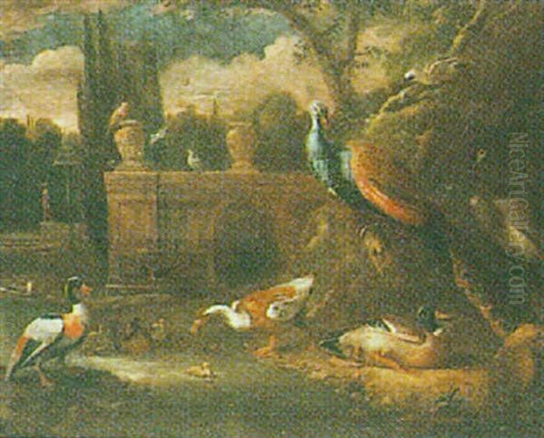 Decorative Fowl In A Parkland Oil Painting by Marmaduke Cradock