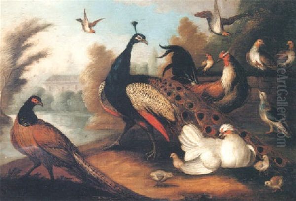 Exotic Fowl By A Lake In A Landscape Oil Painting by Marmaduke Cradock