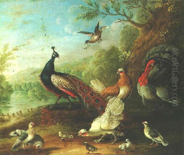 Exotic Fowl In A Landscape Oil Painting by Marmaduke Cradock