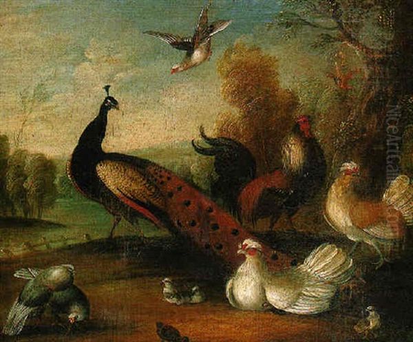 A Peacock With Cockerel And Other Birds In A Park Landscape Oil Painting by Marmaduke Cradock