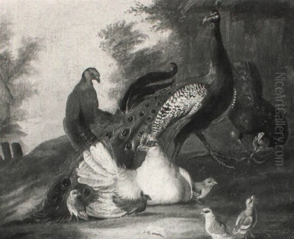 Pheasant, Chicken And Chicks By A River Oil Painting by Marmaduke Cradock