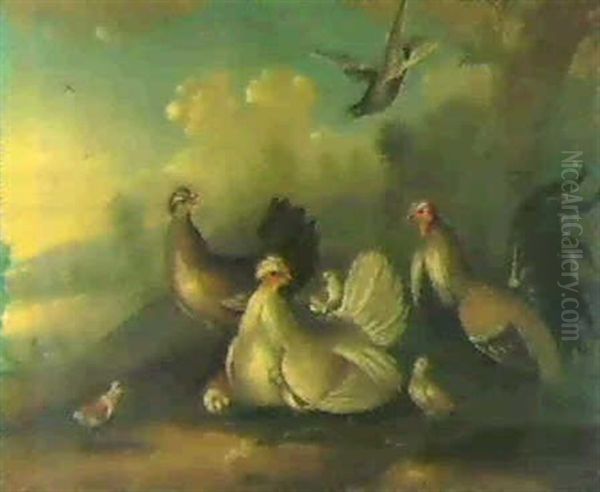 Two Cockerels, A Hen And Otherfowl In A Landscape Oil Painting by Marmaduke Cradock