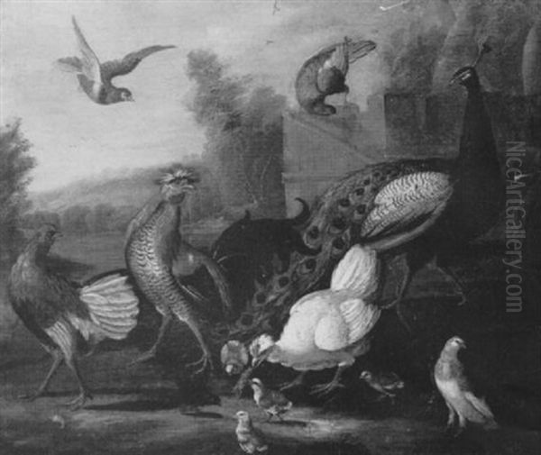 A Peacock, A Rooster, Chickensand Other Birds In A River    Landscape by Marmaduke Cradock