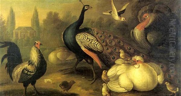 A Peacock, A Cockerel, A Turkey And Other Fowl In A Garden, A Pavilion Beyond Oil Painting by Marmaduke Cradock