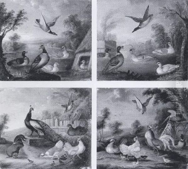 Peacocks, Ducks And Other Fowl In Ornamental Garden Landscapes Oil Painting by Marmaduke Cradock