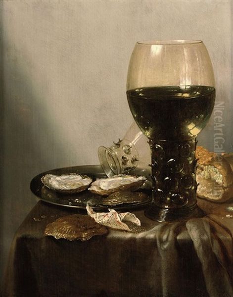 A Roemer Of White Wine, A Loaf Of Bread, Oysters And A Smaller Roemer On A Silver Plate With A Shell And A Folded Piece Of Paper Containing Pepper... by Adrian J. Craen