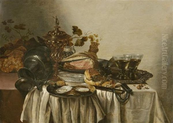 Tafel Mit Schinken, Zwei Berkemeyerglasern, Zinnkrug, Einem Goldpokal, Austern Auf Einem Silberteller, Trauben Und Brot by Adrian J. Craen