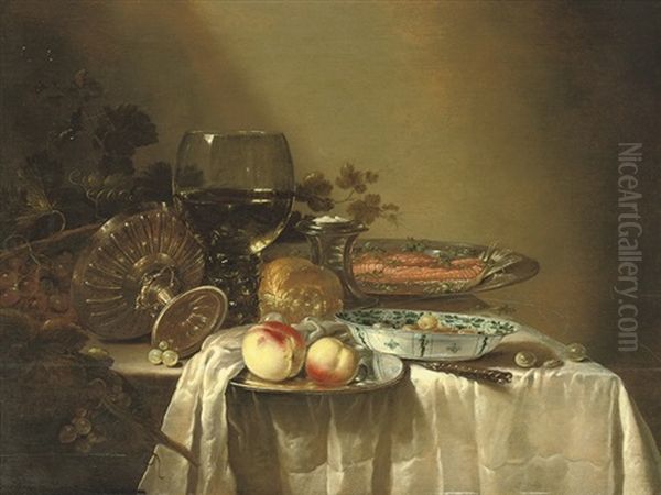 A Roemer With White Wine, A Silver Tazza, A Plate With Peaches, A Chinese Porcelain Bowl With Olives Oil Painting by Adrian J. Craen