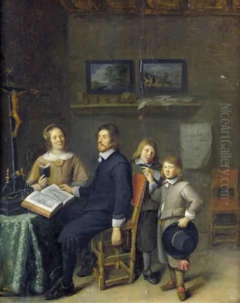 Bildnis Eines Ehepaars Mit Seinen Zwei Sohnen In Einem Eleganten Interieur Oil Painting by Joos van Craesbeeck