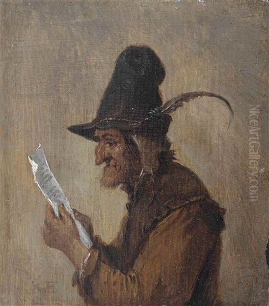 A Man In A Feathered Hat And Weathered Clothes, Reading A Letter Oil Painting by Joos van Craesbeeck