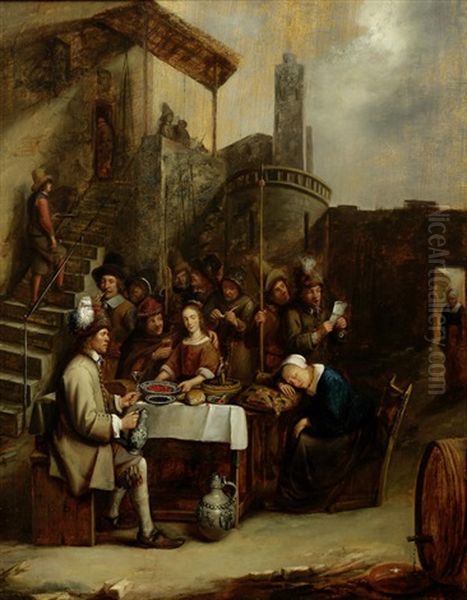 Townsfolk Eating And Drinking Outside A Tavern Oil Painting by Joos van Craesbeeck