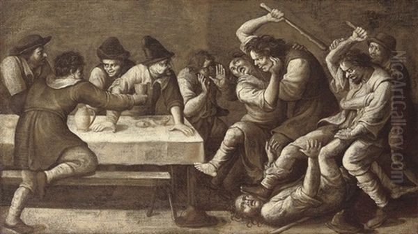 A Peasant Brawl In An Inn; En Grisaille Oil Painting by Joos van Craesbeeck