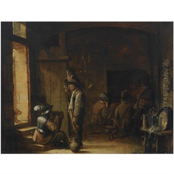 An Interior Of An Inn With A Peasant Smoking A Pipe And A Soldier Drinking, Other Figures Smoking And Drinking In The Background Oil Painting by Joos van Craesbeeck